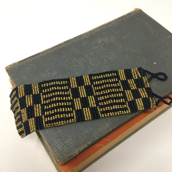 Art Deco Inspired Gold Black Wide Loom Woven Seed Bead Cuff Bracelet - Picture 14 of 16